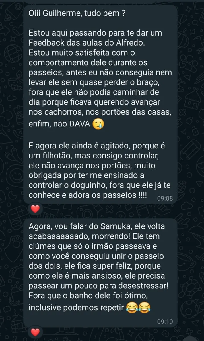 Feedback real de tutora no WhatsApp sobre o Alfredo e o Samuka